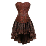 Women Steampunk Gothic Overbust Corset Dress Brocade Lace Up Corsets and Bustiers with Layed Skirt