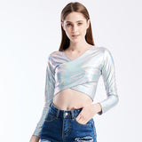 Sexy Metallic Liquid V-Neck Wrap Front Long Sleeve Shirt Tee for Club Night Out Slim Wet Look Short T-shirt Crop Top Clubwear