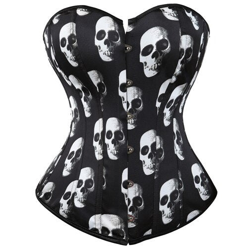 Women's Sexy Skull Overbust Corset Bustier Basque Gothic Showgirl Costumes Plus Size Corselet Lingerie Tops