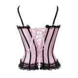 Women's Pink Satin Sexy Stripe Overbust Corset Dress Cup and Straps Bustiers and Lace Skirt Party Waist Trainer