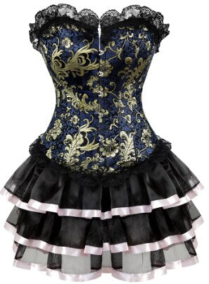 Gothic Gold Jacquard Corset Lace up Overbust Corsets Halloween Costume cosplay Dress Tutu Skirt Petticoat Showgirl Dance Dress