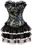 Gothic Gold Jacquard Corset Lace up Overbust Corsets Halloween Costume cosplay Dress Tutu Skirt Petticoat Showgirl Dance Dress