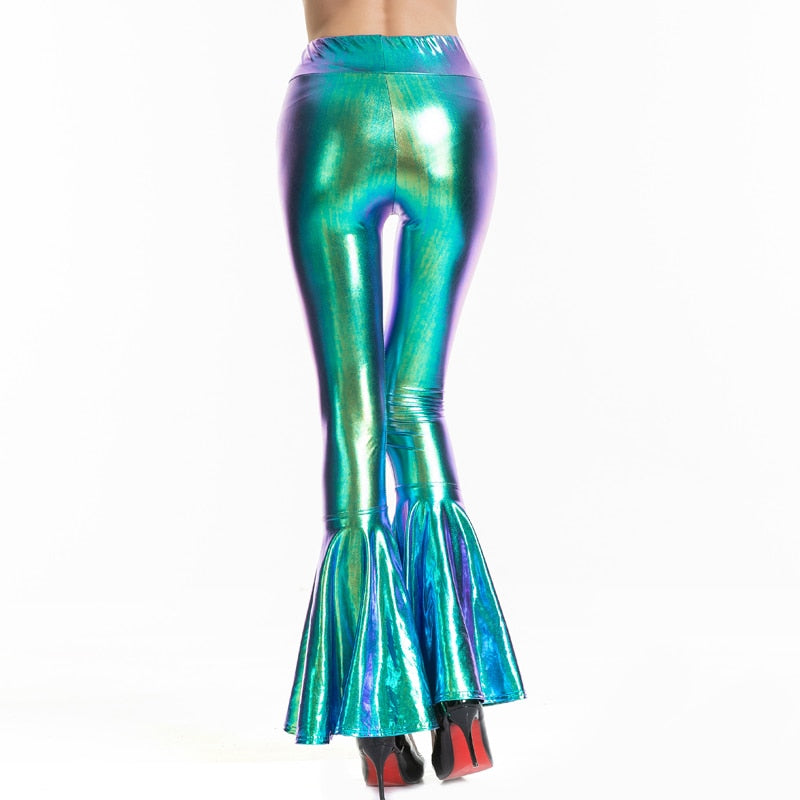 Flare Shiny Trousers Laser Metallic Wetlook Ruffle Wide Leg Pants Retro 70s Disco Hippie Club Trousers Bell Bottoms