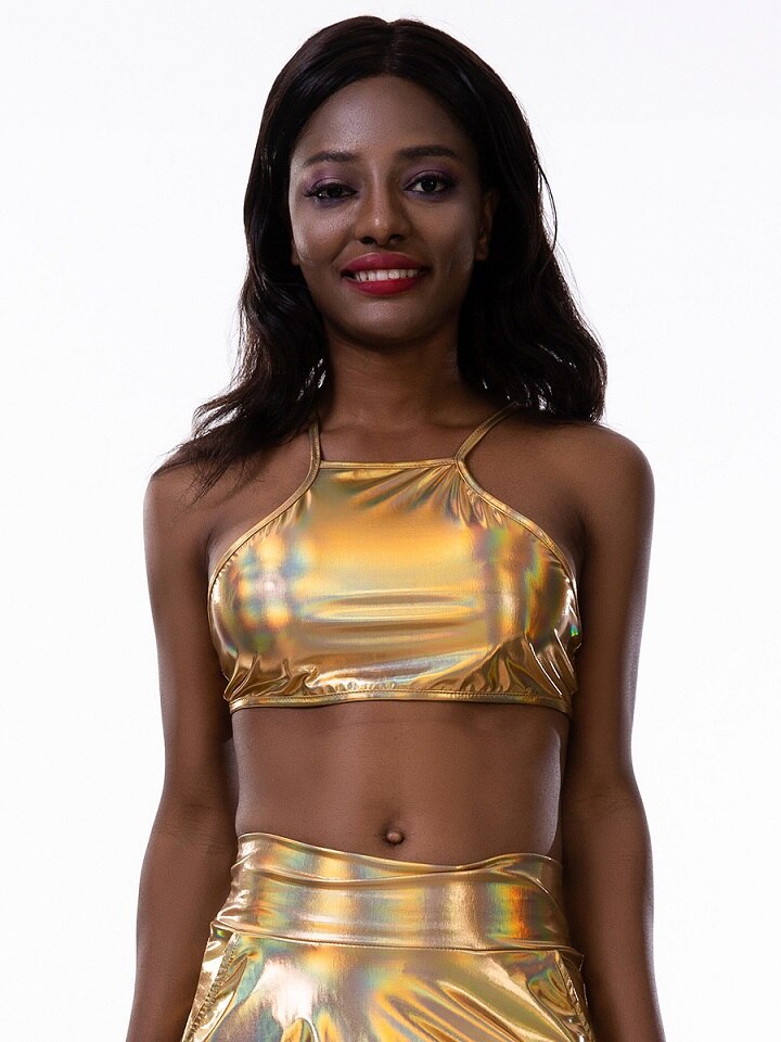 Shiny Lace-up Bra Top Halter Sleeveless Cross Back Metallic Laser Crop Top Women Club Cami Top Dance Festival Outfits