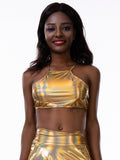 Shiny Lace-up Bra Top Halter Sleeveless Cross Back Metallic Laser Crop Top Women Club Cami Top Dance Festival Outfits