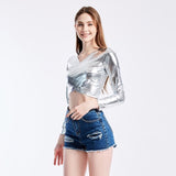 Sexy Metallic Liquid V-Neck Wrap Front Long Sleeve Shirt Tee for Club Night Out Slim Wet Look Short T-shirt Crop Top Clubwear