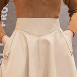 High Waist A Line Big Swing Midi Skirt Korean Pockets Office Lady Elegant Women Skirt