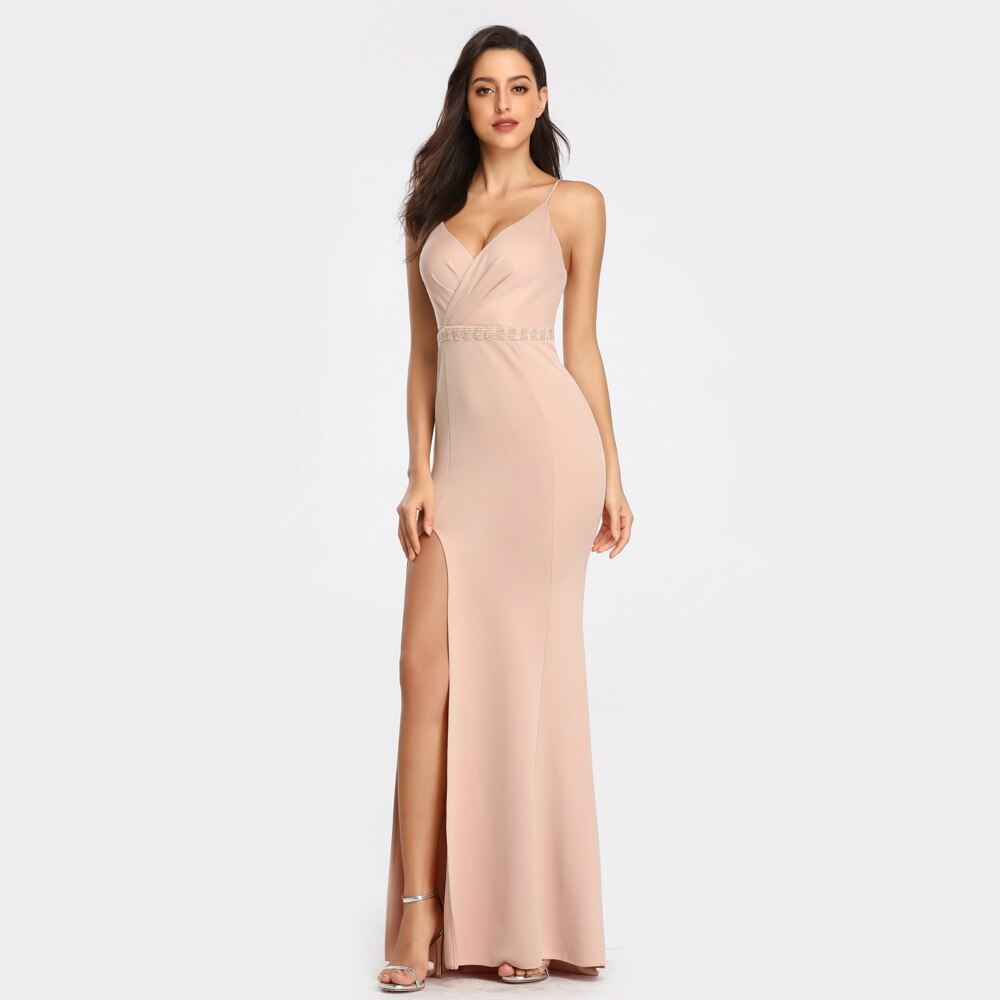 Women's Backless Strap Cross Slit Long Prom Dress Sexy Beads Prom Party Dress