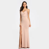 Women's Backless Strap Cross Slit Long Prom Dress Sexy Beads Prom Party Dress