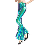 Flare Shiny Trousers Laser Metallic Wetlook Ruffle Wide Leg Pants Retro 70s Disco Hippie Club Trousers Bell Bottoms