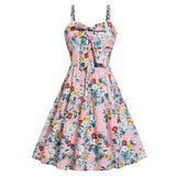 Pink 1950s Pin Up Bow Front Party Floral Pocket Side Spaghetti Strap Fit and Flare Pleated Vintage Dress