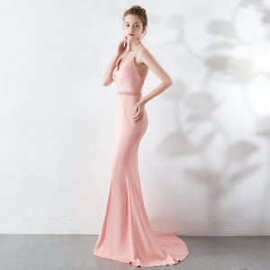 Women's Backless Strap Cross Slit Long Prom Dress Sexy Beads Prom Party Dress