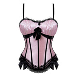 Women's Pink Satin Sexy Stripe Overbust Corset Dress Cup and Straps Bustiers and Lace Skirt Party Waist Trainer