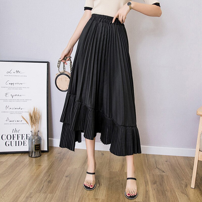 Women High Street Fashion Irregular Elastic High Waist A Line Asymmetrical Midi Pleated Skirt