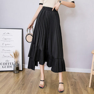 Women High Street Fashion Irregular Elastic High Waist A Line Asymmetrical Midi Pleated Skirt