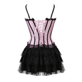 Women's Pink Satin Sexy Stripe Overbust Corset Dress Cup and Straps Bustiers and Lace Skirt Party Waist Trainer
