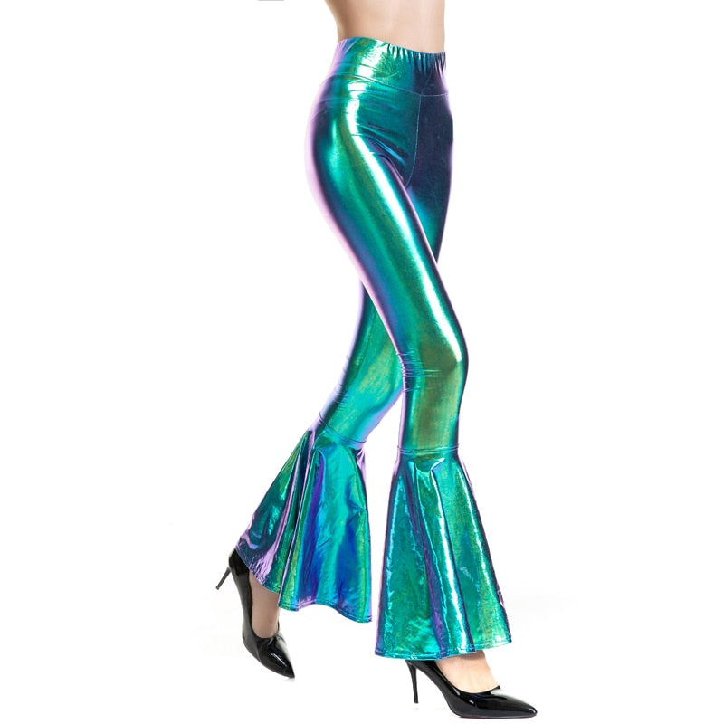 Flare Shiny Trousers Laser Metallic Wetlook Ruffle Wide Leg Pants Retro 70s Disco Hippie Club Trousers Bell Bottoms