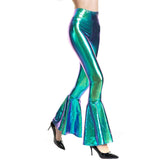Flare Shiny Trousers Laser Metallic Wetlook Ruffle Wide Leg Pants Retro 70s Disco Hippie Club Trousers Bell Bottoms