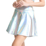 Women Pleated A-Line Skater Skirt Summer Shiny Metallic Holographic Club Disco Harajuku Mini Skirt