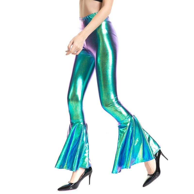 Flare Shiny Trousers Laser Metallic Wetlook Ruffle Wide Leg Pants Retro 70s Disco Hippie Club Trousers Bell Bottoms