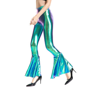 Flare Shiny Trousers Laser Metallic Wetlook Ruffle Wide Leg Pants Retro 70s Disco Hippie Club Trousers Bell Bottoms
