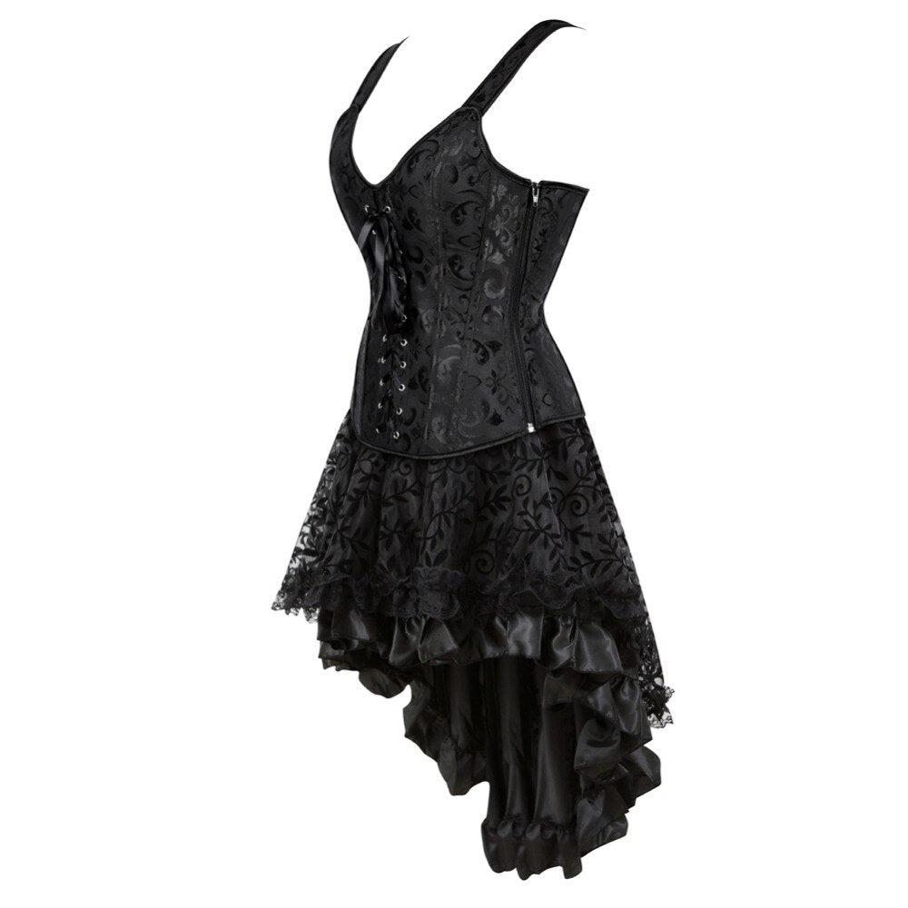 Sexy Brocade Corset with Skirt Straps Lace-up Jacquard Overbust Corset Dress Body Shaper Waist Cincher Bustier Dance Dress