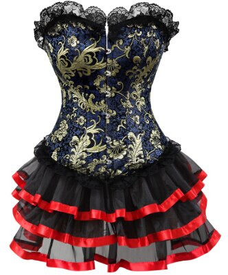 Gothic Gold Jacquard Corset Lace up Overbust Corsets Halloween Costume cosplay Dress Tutu Skirt Petticoat Showgirl Dance Dress