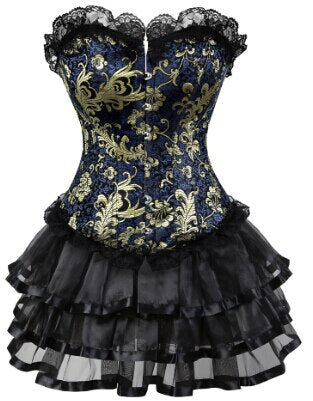Gothic Gold Jacquard Corset Lace up Overbust Corsets Halloween Costume cosplay Dress Tutu Skirt Petticoat Showgirl Dance Dress