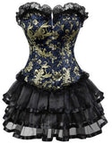 Gothic Gold Jacquard Corset Lace up Overbust Corsets Halloween Costume cosplay Dress Tutu Skirt Petticoat Showgirl Dance Dress
