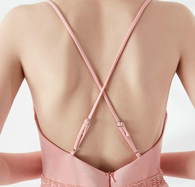 Women's Backless Strap Cross Slit Long Prom Dress Sexy Beads Prom Party Dress