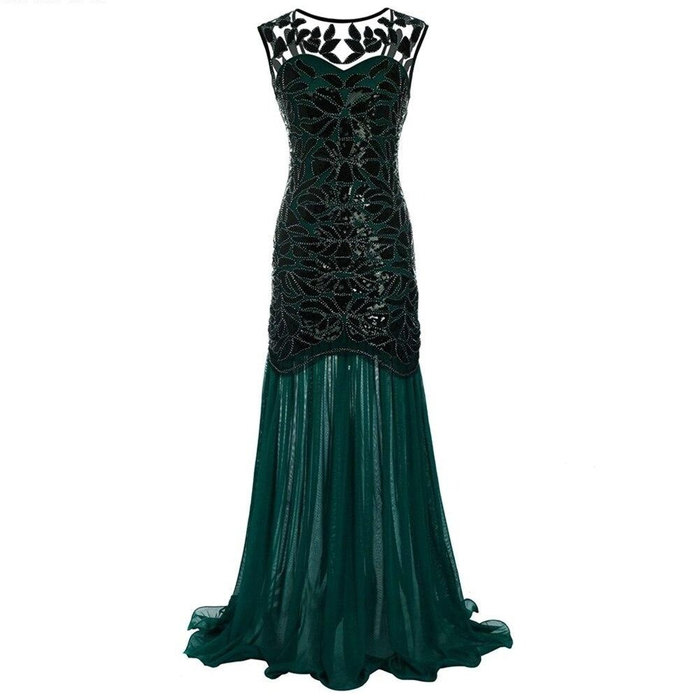 Women's Vintage Evening Dress Gold Sequins Beading Long Evening Party Dress