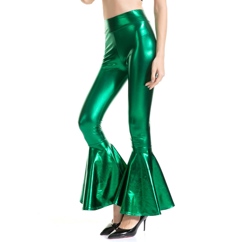 Flare Shiny Trousers Laser Metallic Wetlook Ruffle Wide Leg Pants Retro 70s Disco Hippie Club Trousers Bell Bottoms