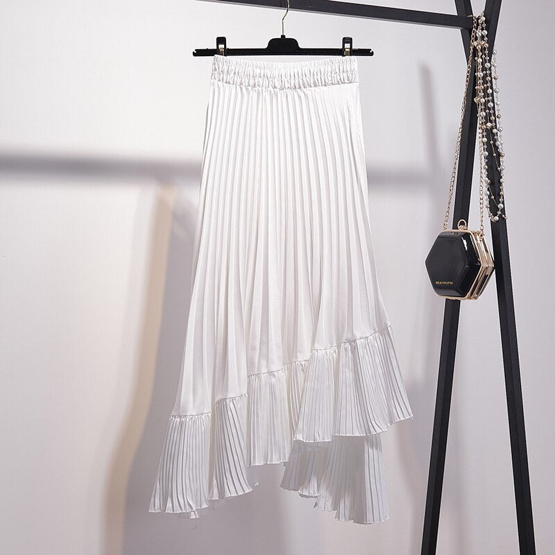 Women High Street Fashion Irregular Elastic High Waist A Line Asymmetrical Midi Pleated Skirt