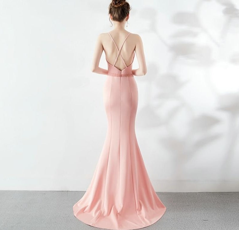 Women's Backless Strap Cross Slit Long Prom Dress Sexy Beads Prom Party Dress