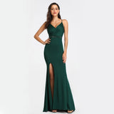 Women's Backless Strap Cross Slit Long Prom Dress Sexy Beads Prom Party Dress