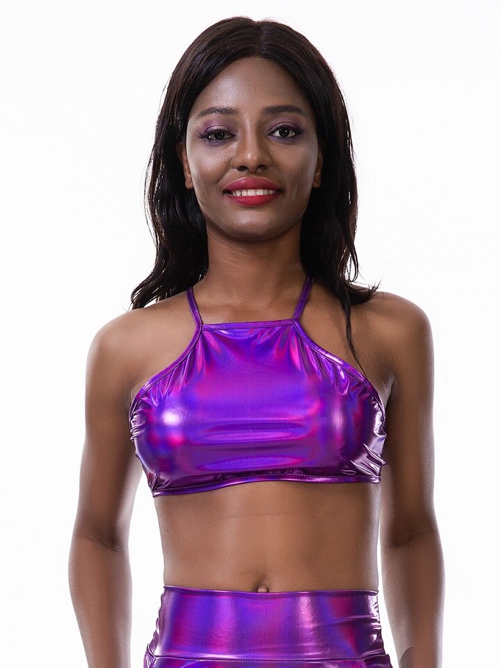 Shiny Lace-up Bra Top Halter Sleeveless Cross Back Metallic Laser Crop Top Women Club Cami Top Dance Festival Outfits