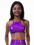 Shiny Lace-up Bra Top Halter Sleeveless Cross Back Metallic Laser Crop Top Women Club Cami Top Dance Festival Outfits