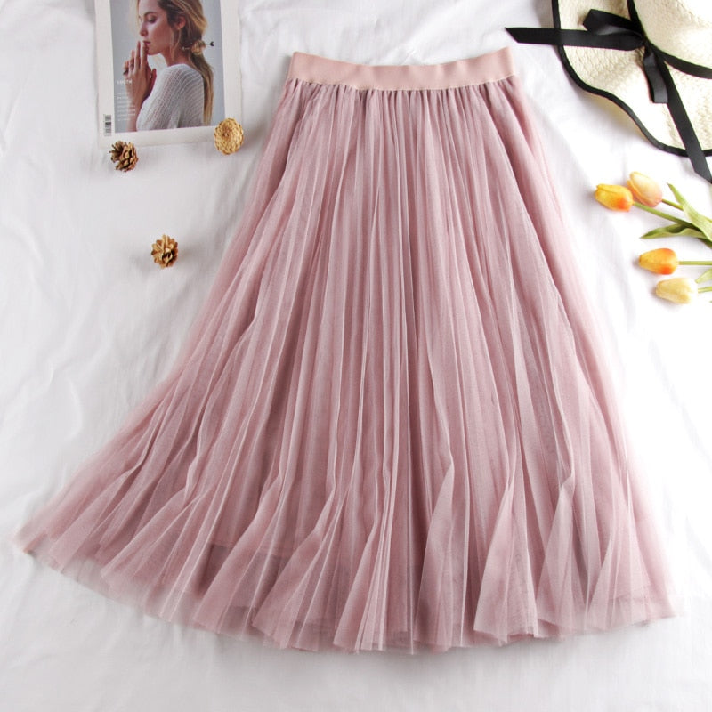 Midi Pleated Black Pink Tulle Skirt Women Spring Summer Korean Elastic High Waist Mesh Skirt