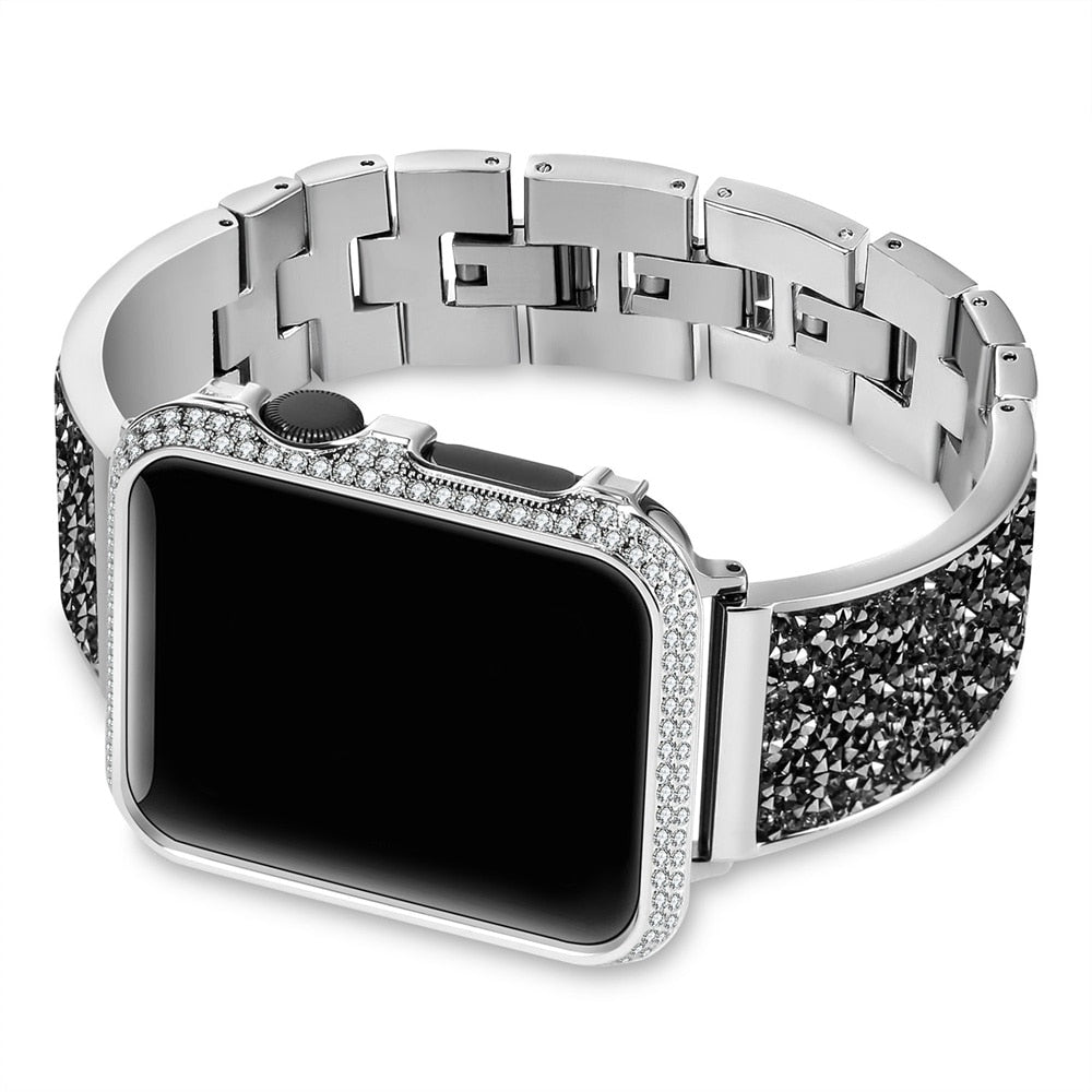 Luxury Diamond Case+strap For Apple Watch band 44mm 40mm 38mm 42mm cover iWatch Series 5 4 3 2 1 Stainless Steel bracelet women