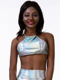 Shiny Lace-up Bra Top Halter Sleeveless Cross Back Metallic Laser Crop Top Women Club Cami Top Dance Festival Outfits