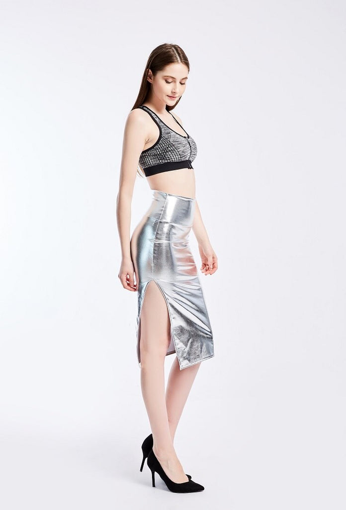 Summer Holographic Thigh Splits Bodycon Midi Skirt Sexy Metallic Wet Look Laser Blue Pencil Skirt Festival Rave Clothing
