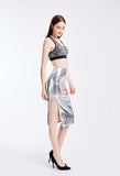 Summer Holographic Thigh Splits Bodycon Midi Skirt Sexy Metallic Wet Look Laser Blue Pencil Skirt Festival Rave Clothing