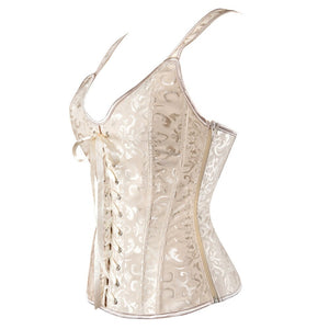 Women's Sexy Lace up Satin jacquard corset Shoulder Straps Zipper overbust Corset Vest Vintage Corsets Plus Size S-6XL