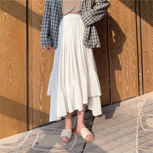 Women High Street Fashion Irregular Elastic High Waist A Line Asymmetrical Midi Pleated Skirt