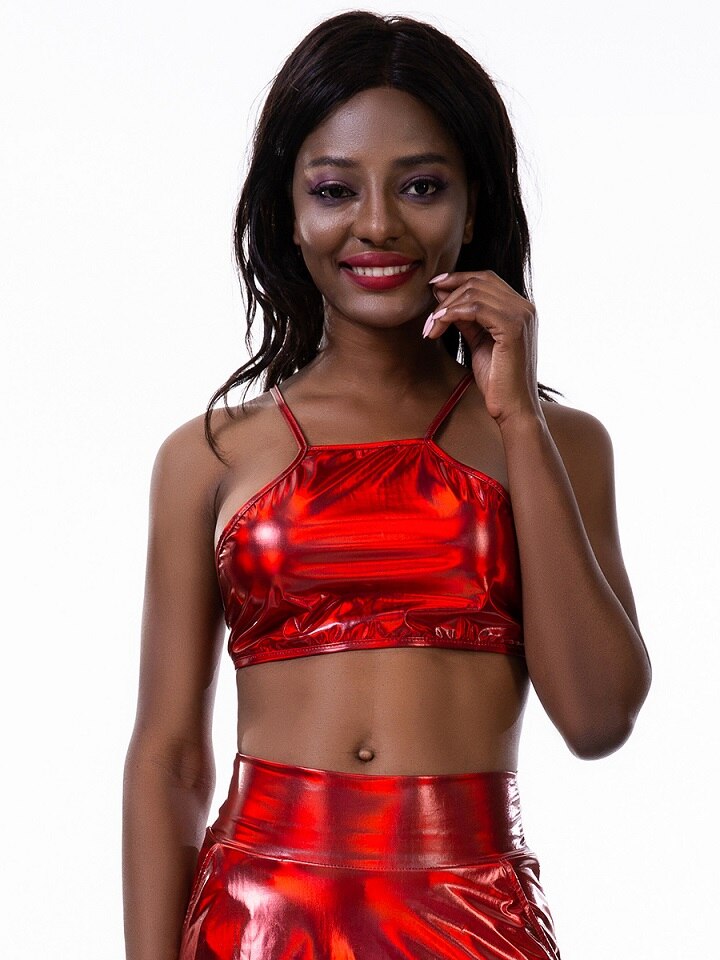 Shiny Lace-up Bra Top Halter Sleeveless Cross Back Metallic Laser Crop Top Women Club Cami Top Dance Festival Outfits