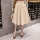 High Waist A Line Big Swing Midi Skirt Korean Pockets Office Lady Elegant Women Skirt
