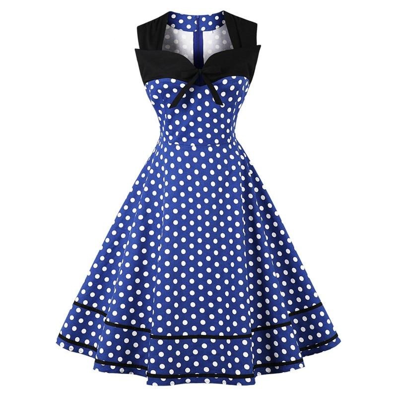 Polka Dot 1950S Sweetheart Tie Neck Summer Elegant Vintage Sleeveless Rockabilly Blue Dress