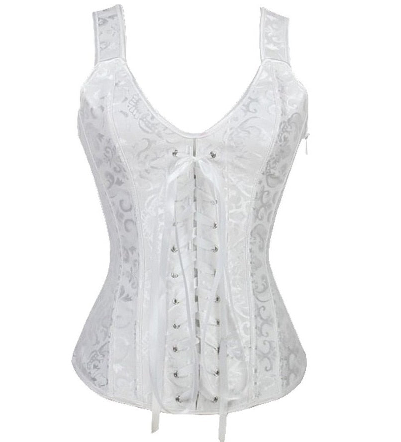 Sexy Brocade Corset with Skirt Straps Lace-up Jacquard Overbust Corset Dress Body Shaper Waist Cincher Bustier Dance Dress
