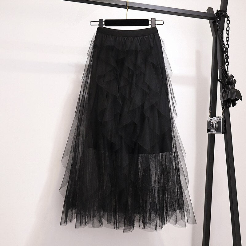 Summer Irregular Mesh Tulle Skirt Elastic High Waist Mid Calf Tutu Long Skirt