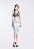 Summer Holographic Thigh Splits Bodycon Midi Skirt Sexy Metallic Wet Look Laser Blue Pencil Skirt Festival Rave Clothing